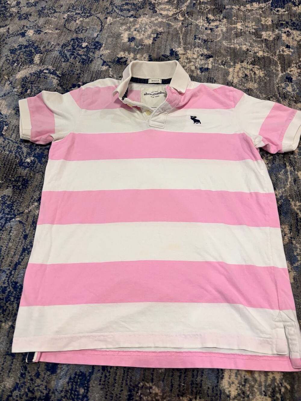 Abercrombie Polo Size YXL Pink White Striped Shirt muscle